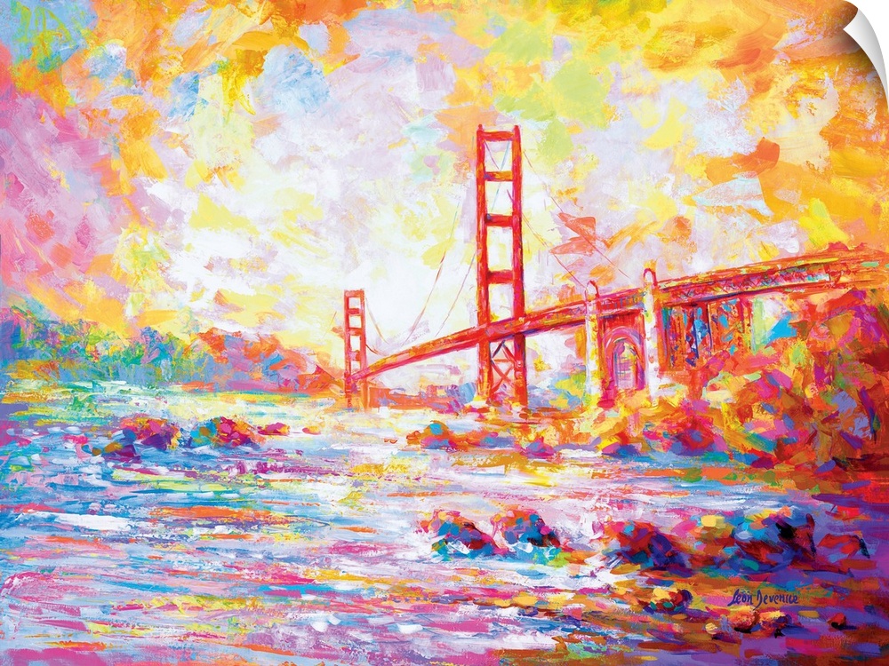 Vibrant and colorful contemporary painting of the Golden Gate Bridge viewed from Marshall's beach in California.