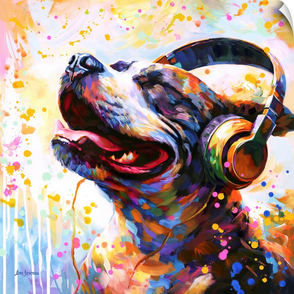 This lively artwork features a colorful dog enjoying music with headphones, set against a vibrant backdrop of colorful spl...