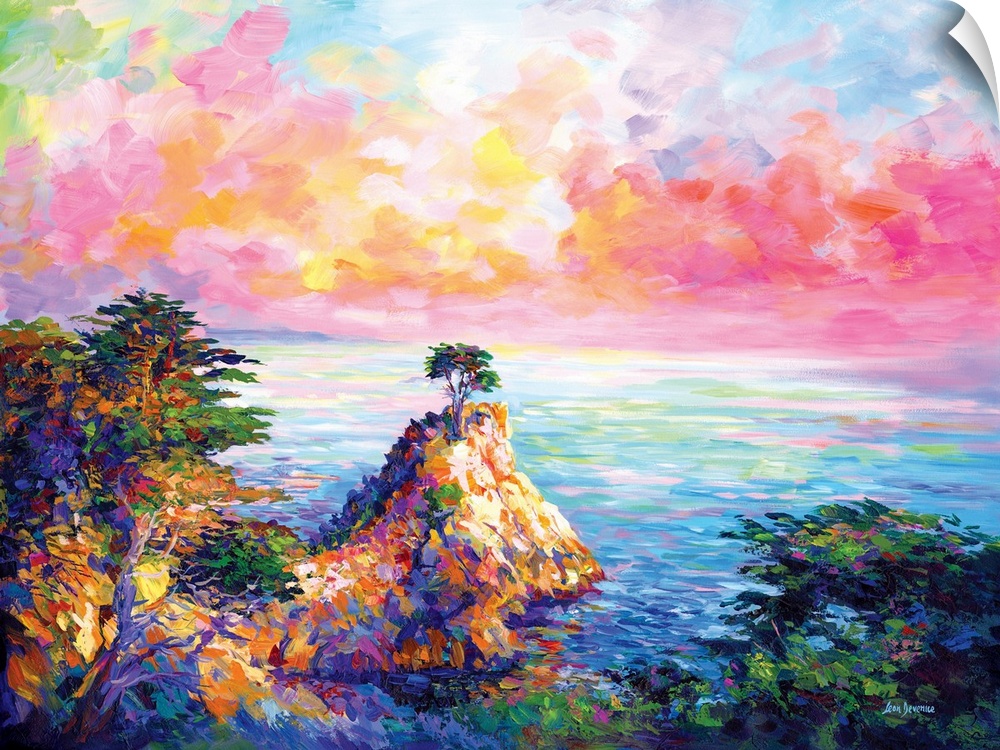 Vibrant and colorful contemporary painting of the Lone Cypress in Pebble Beach, California.