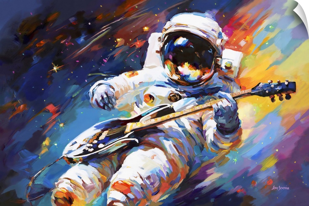 This contemporary artwork captures an astronaut serenely playing an electric guitar in the cosmos, blending the artistry o...