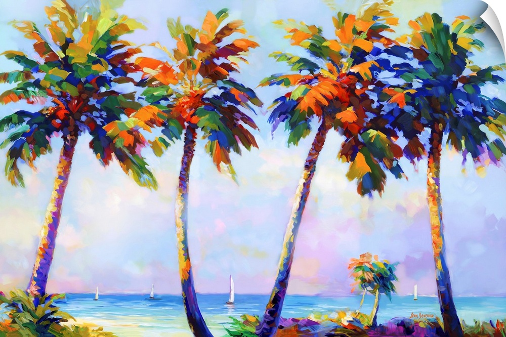 This contemporary artwork vividly depicts palm trees swaying on a sun-kissed beach, their vivid colors capturing the relax...