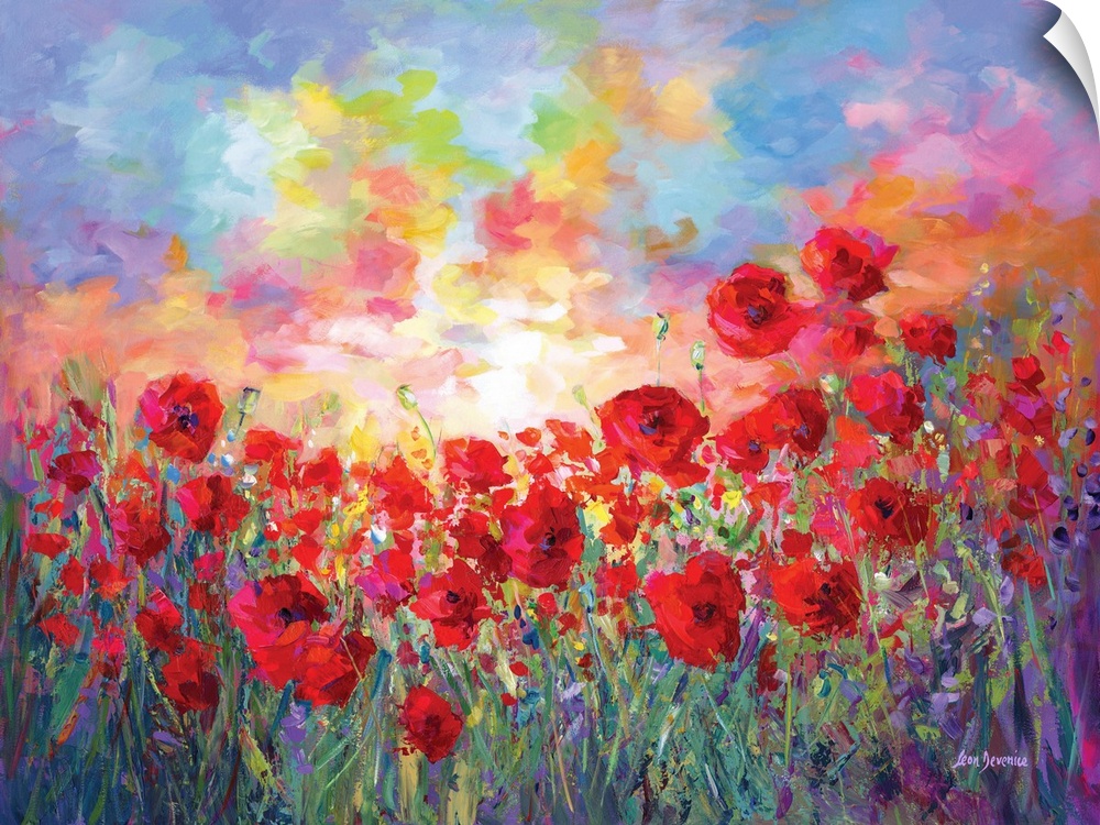 Vibrant red poppies glow in this modern contemporary painting. The impressionistic brushstrokes capture the beauty of popp...