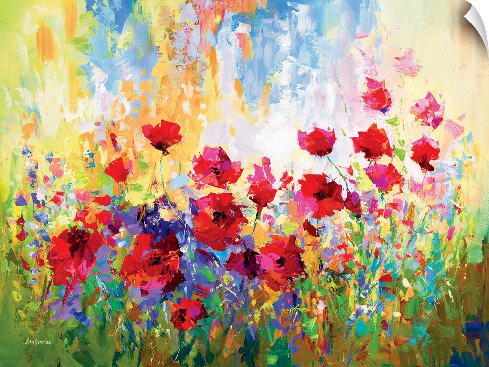 Contemporary painting of a vibrant poppy field. The red petals contrast beautifully against the colorful abstract blooms. ...
