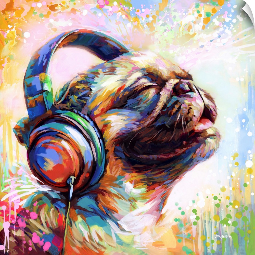 This contemporary artwork showcases a joyful pug enjoying music through headphones, with a medley of vibrant colors highli...