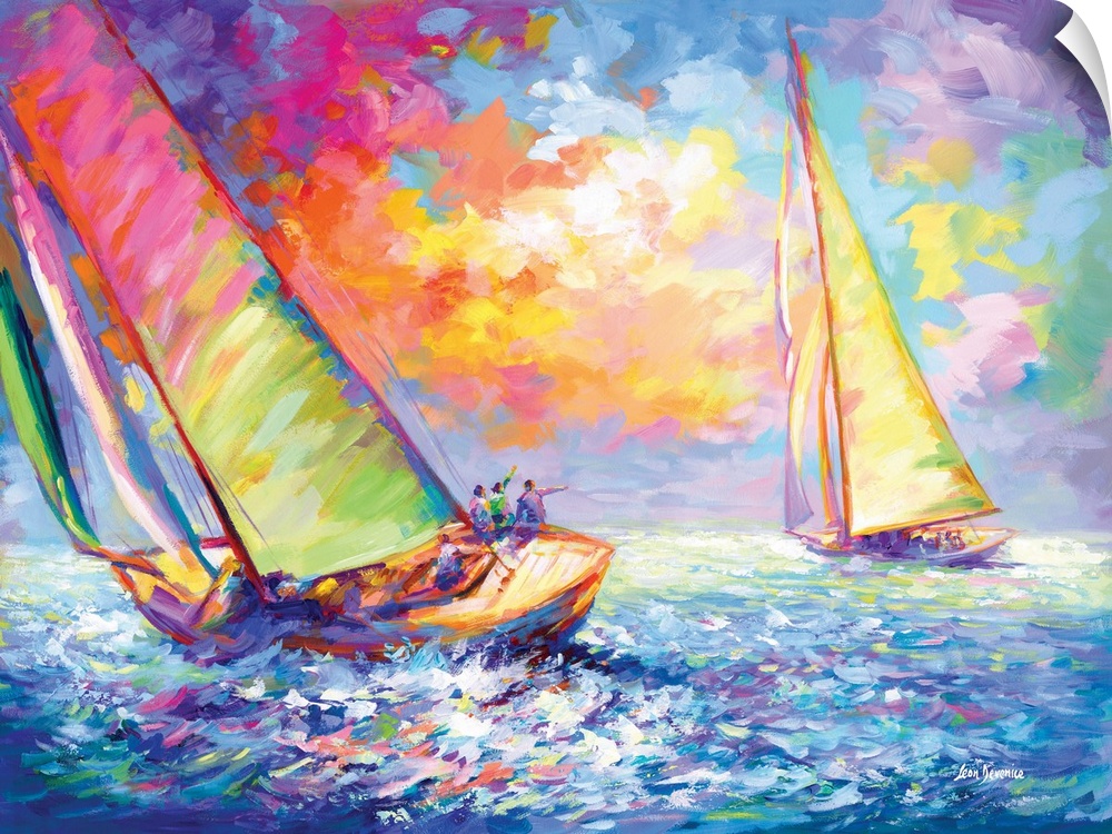 A vibrant and colorful painting of two luxury yachts sailing through the waves at sea in the style of contemporary impress...