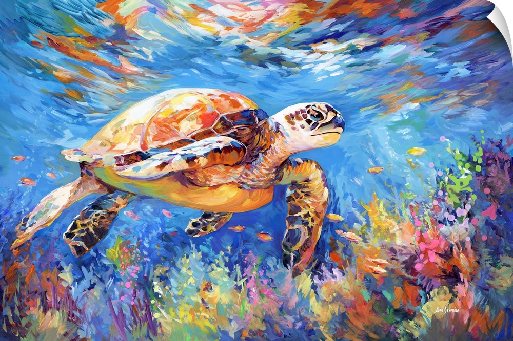 This contemporary artwork captures a sea turtle gliding through the ocean's depths, its form accentuated by the vivid hues...
