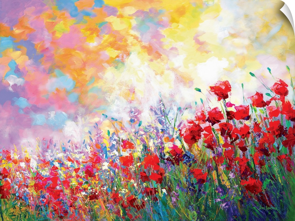 Abstract impressionist painting of poppy flowers and other blooms. The wildflowers of spring are captured with loose and e...
