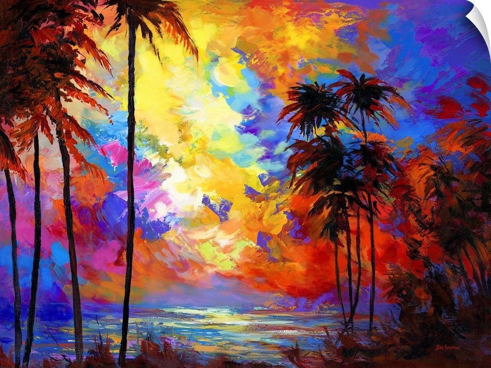 Vibrant and colorful contemporary painting of a sunset beach with tropical palm trees in Maui, Hawaii.