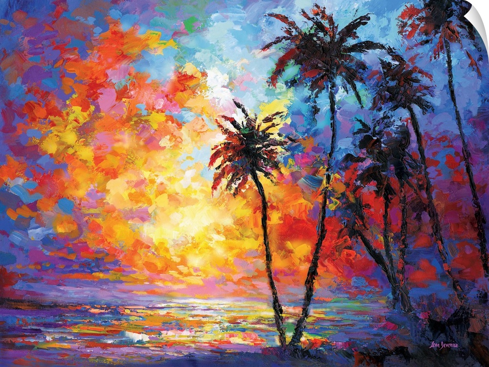 Vibrant and colorful contemporary painting of a sunset beach with tropical palm trees in Waikiki, Hawaii.