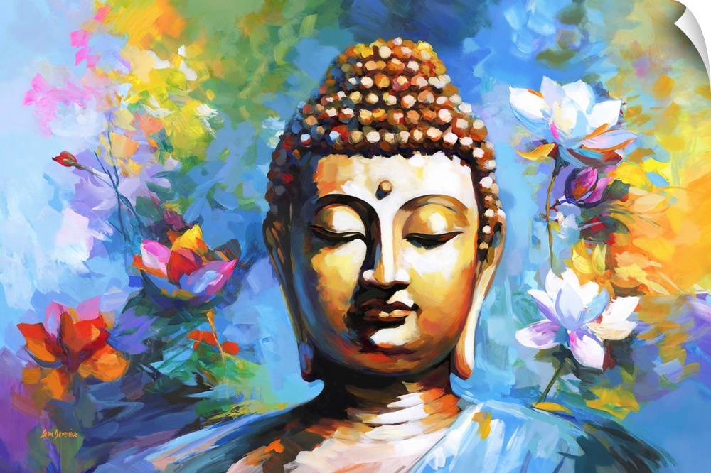 This contemporary artwork captures the serene essence of Buddha, enveloped by the vivid hues of abstract lotus flowers, me...