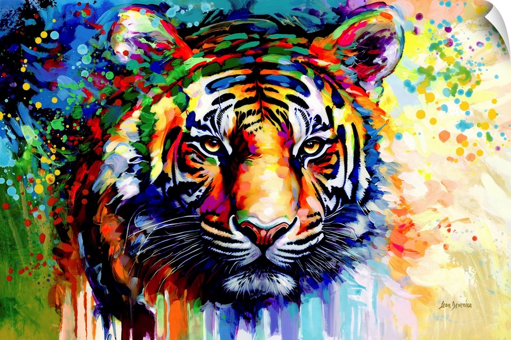 This modern portrait captures the fierce beauty of a tiger, set against a backdrop of abstract colors. The tiger's penetra...