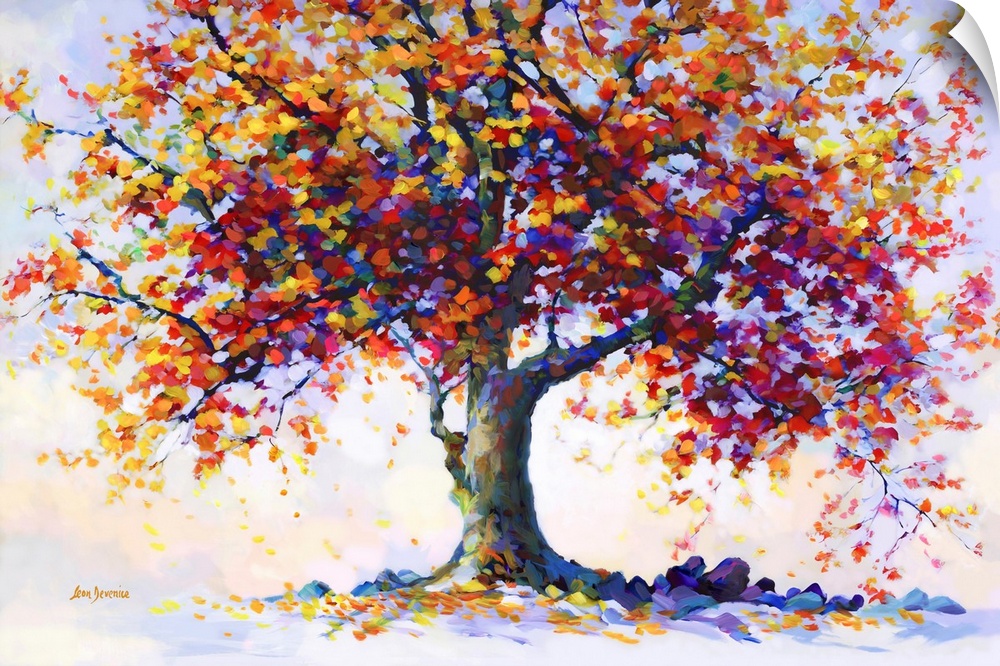 This contemporary landscape brings to life a majestic tree in full autumnal bloom. Its branches are a cascade of warm, fie...