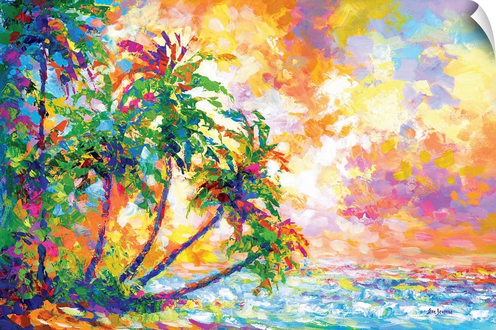 Vibrant and colorful contemporary painting of a tropical beach with palm trees in Kauai, Hawaii.