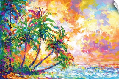 Tropical Beach With Palm Trees In Kauai, Hawaii
