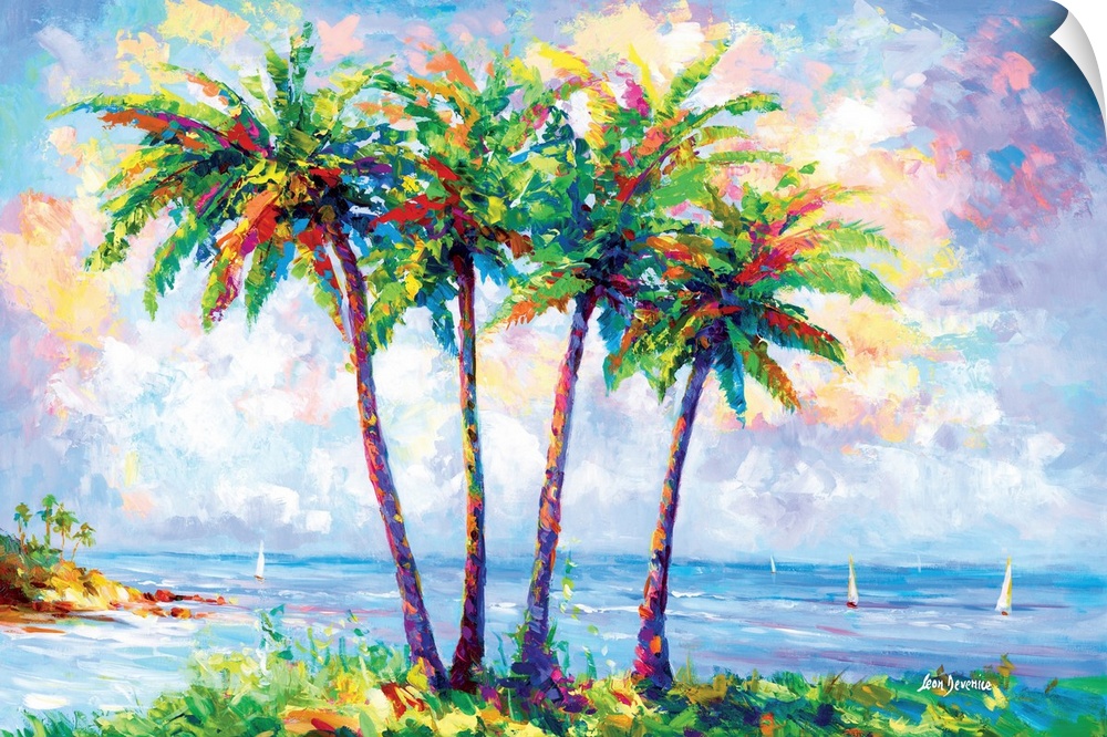 Vibrant and colorful contemporary painting of a tropical beach with palm trees in Oahu, Hawaii.