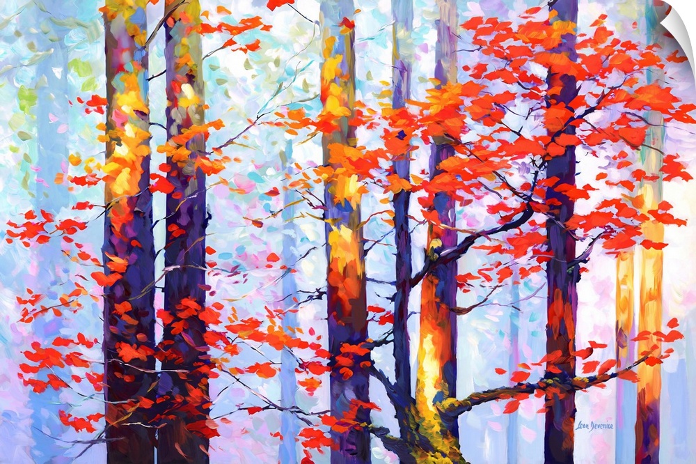 This contemporary piece captures a serene autumnal forest scene, where the trees stand tall in a burst of fiery red leaves...