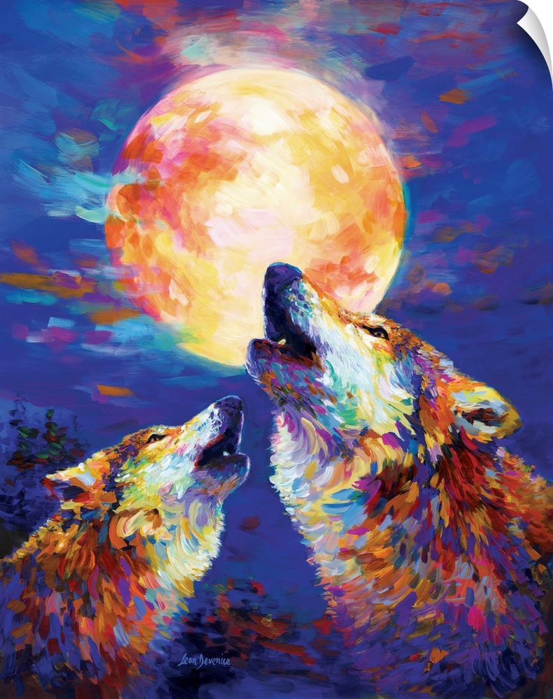 Contemporary painting of two colorful wolves howling at the full moon at night.
