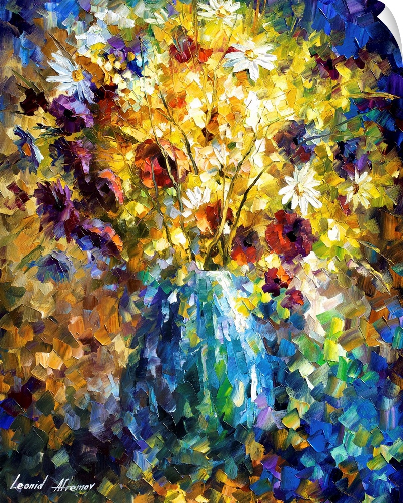 Contemporary colorful painting of a bouquet of flowers in a blue vase.