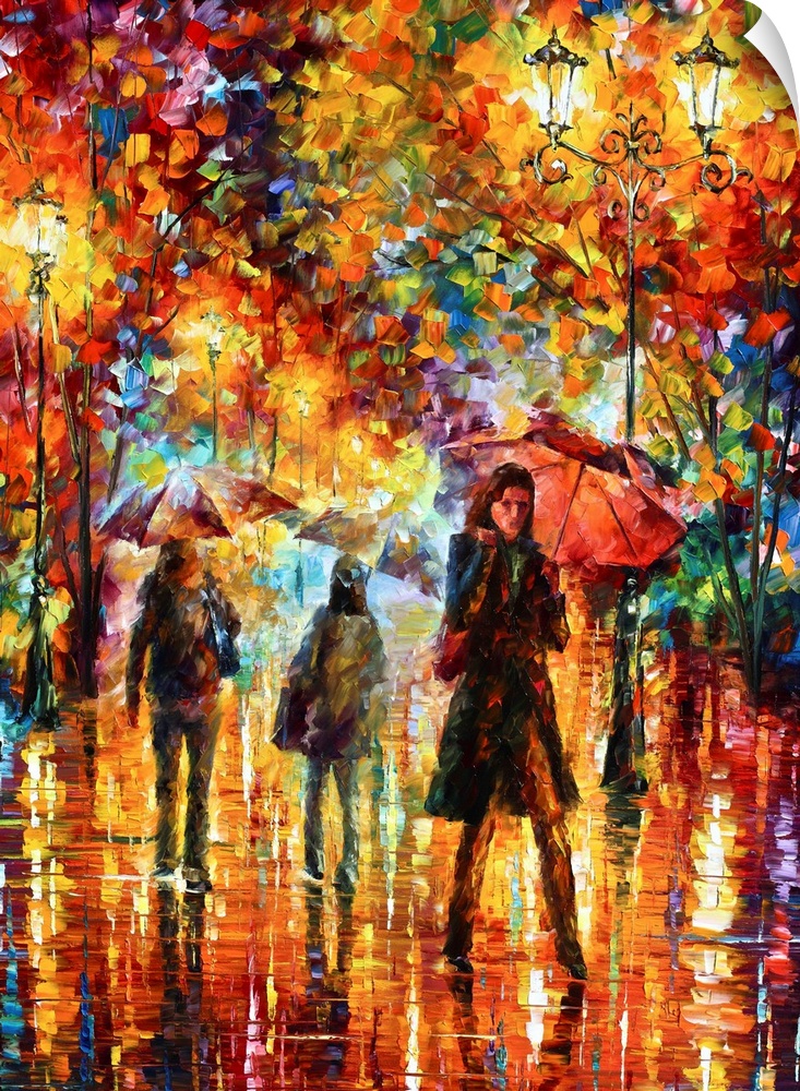 Portrait, oversized, multicolored wall painting of several figures walking at night with umbrellas, on wet ground that is ...