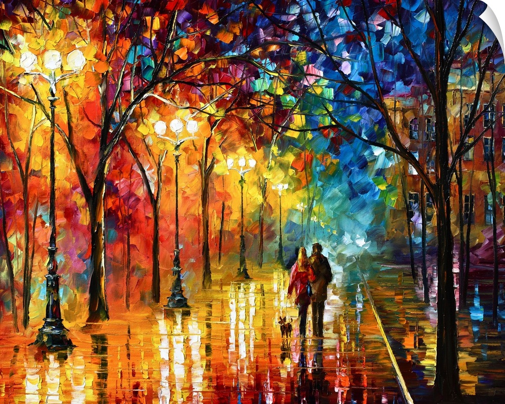 Contemporary landscape art work of a couple strolling down a city street at night with street lights illuminating wet pave...