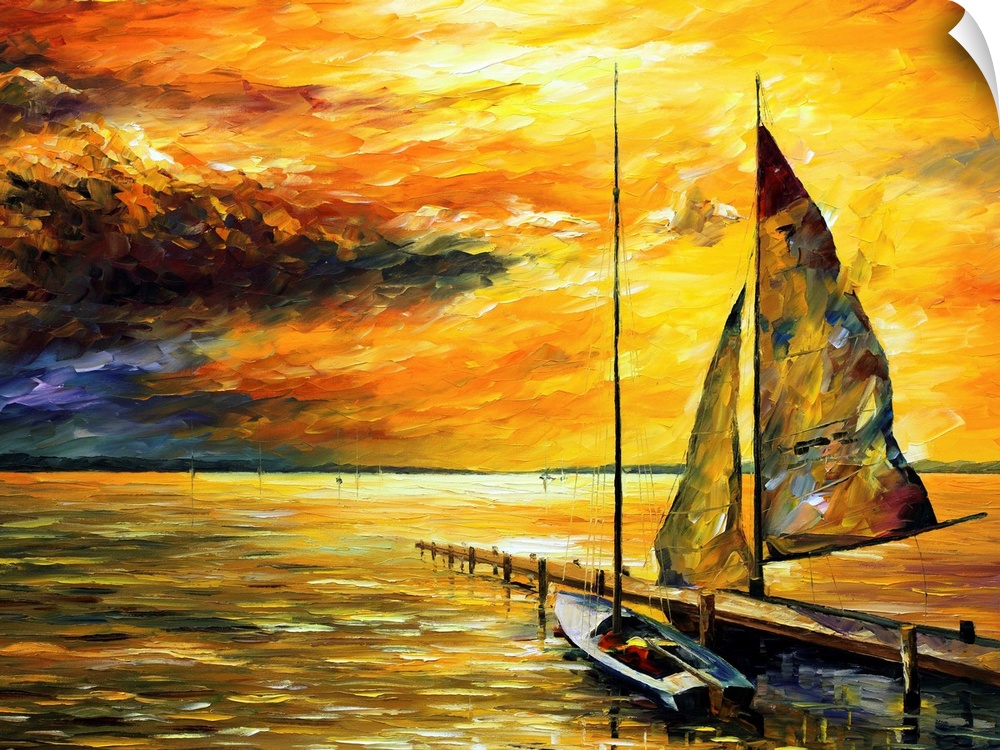 Landscape, large painting of two sailboats floating next to a dock, beneath a vibrant golden sunset over rippling waters. ...