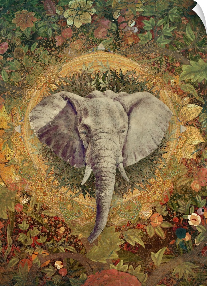 Elephant head with flowered and ornate background