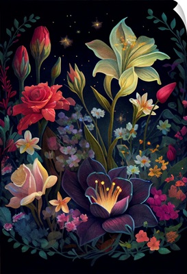 Lilies, Wildflowers, And Roses In Night Garden