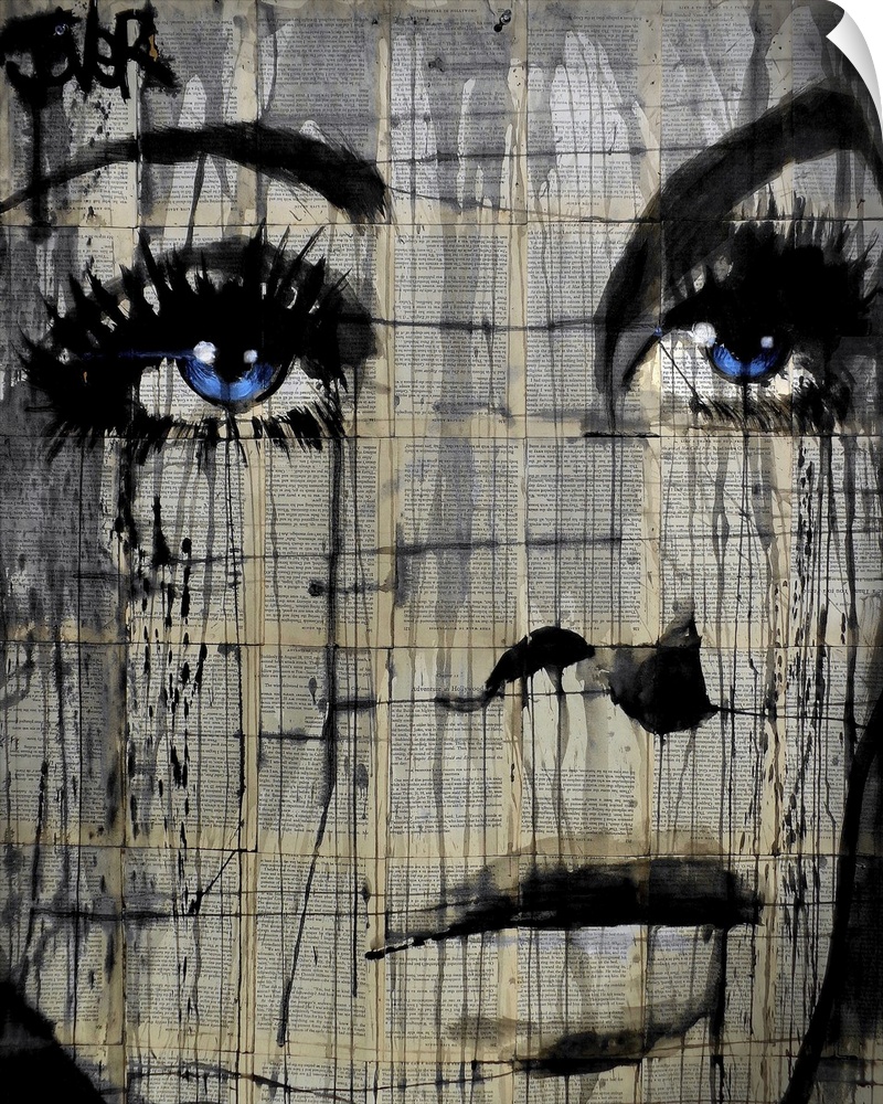 Contemporary artwork of a close-up of a woman's face with deep blue eyes against a background of tiled book pages.