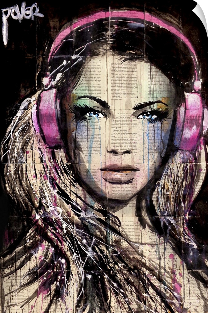Contemporary urban artwork of a woman wearing pink headphones and looking at the viewer with a piercing gaze.