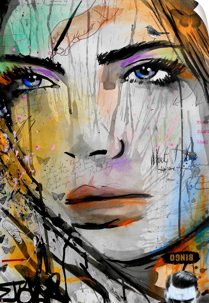 Contemporary urban artwork of a close-up of a woman's face with splashes of vibrant color around her face and piercing pur...