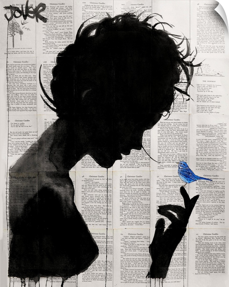 Contemporary urban artwork of a silhouetted woman in profile with a blue bird perched on her finger against a background o...