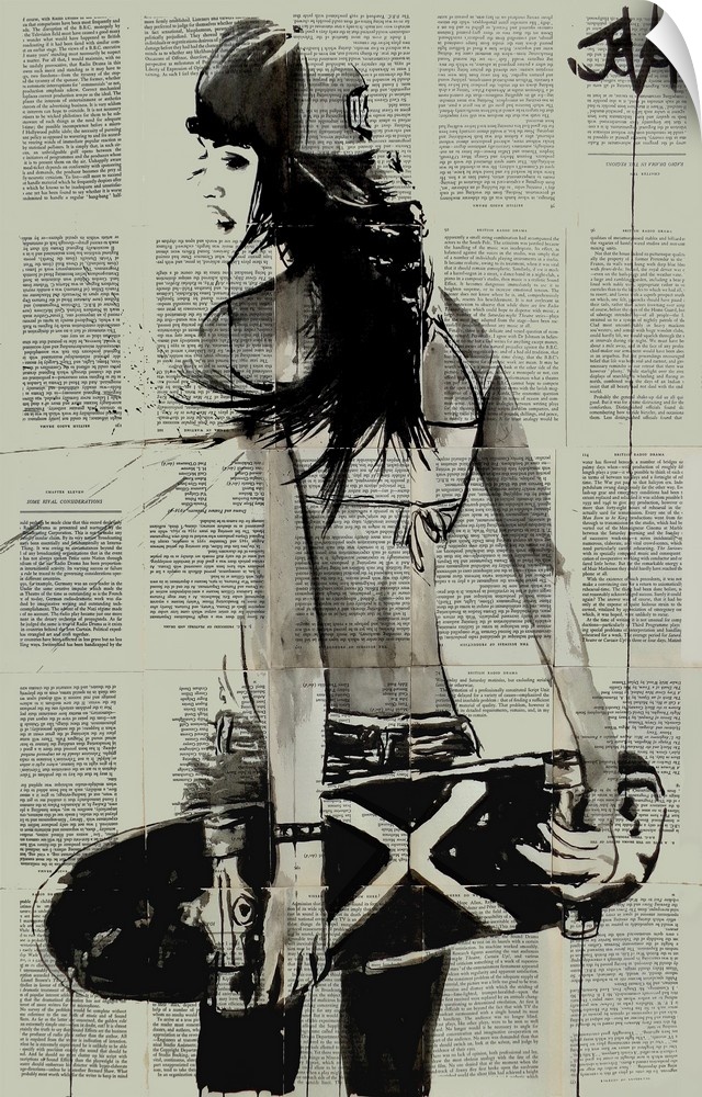 Contemporary urban artwork of a woman holding a skateboard behind her back against a background of tiled book pages.