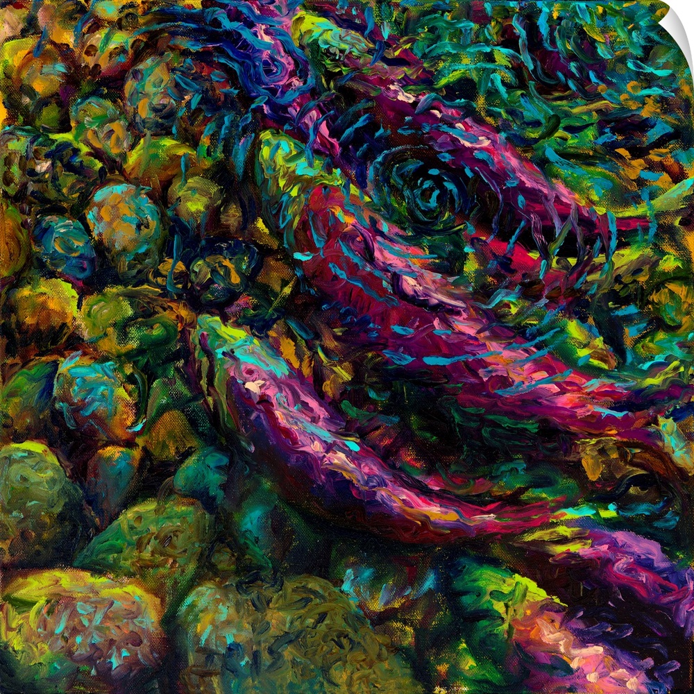 Brightly colored contemporary artwork of sockeyes in water.
