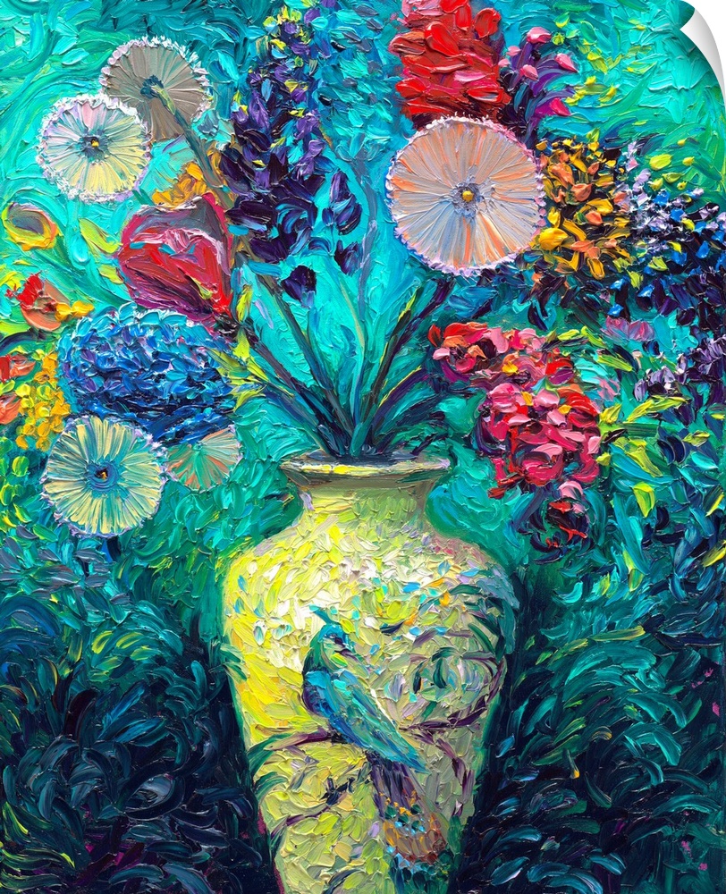 Brightly colored contemporary artwork of flowers in a vase.