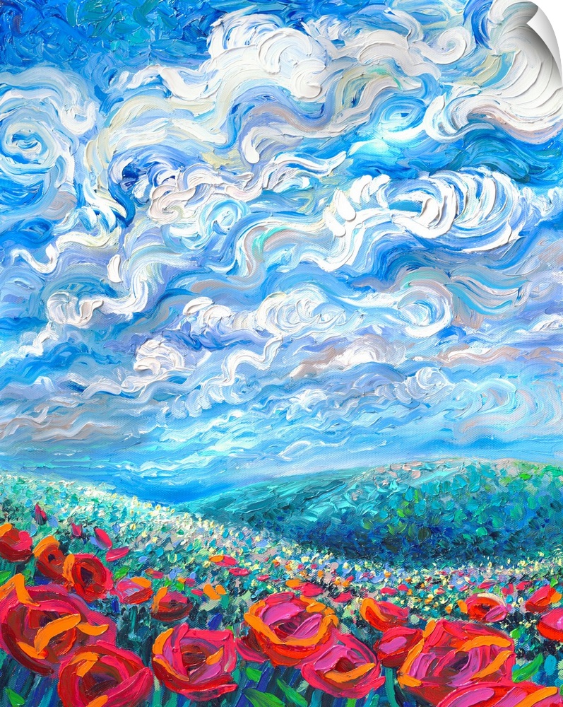 Brightly colored contemporary artwork of a landscape with flowers.