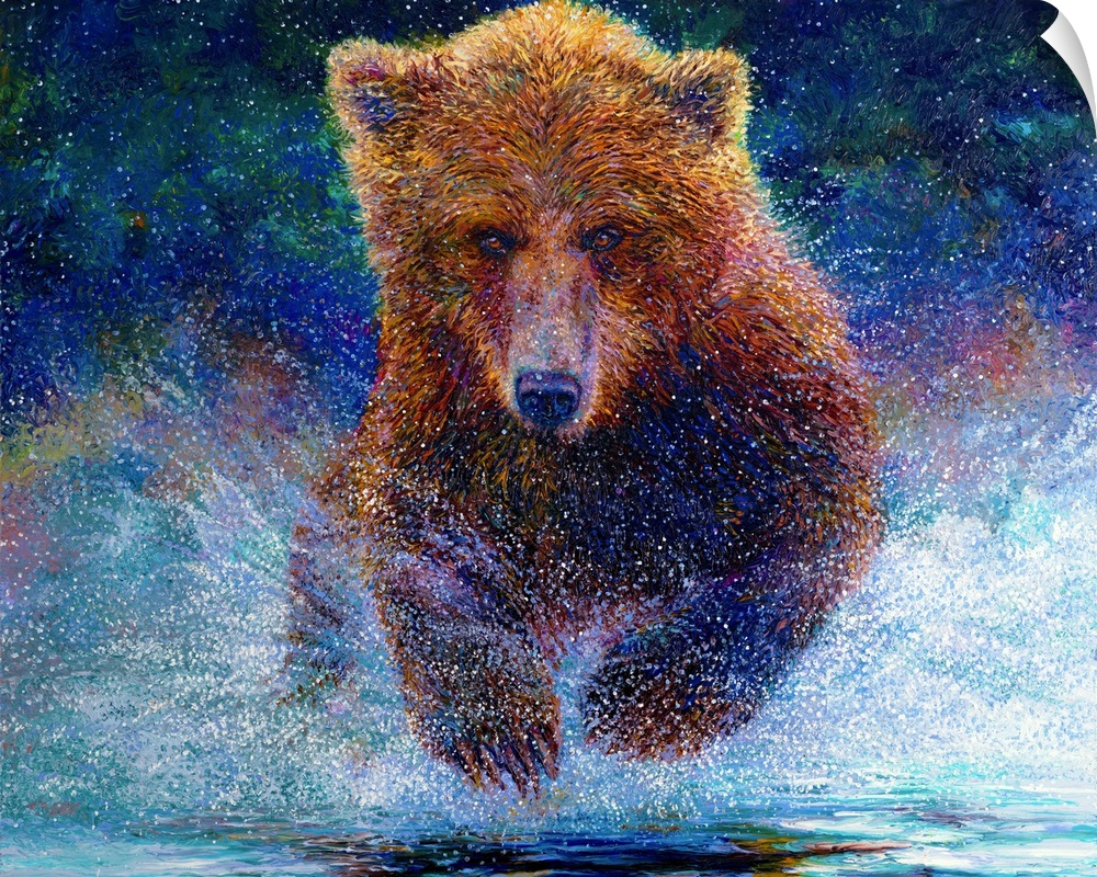 Brightly colored contemporary artwork of a bear running through water.