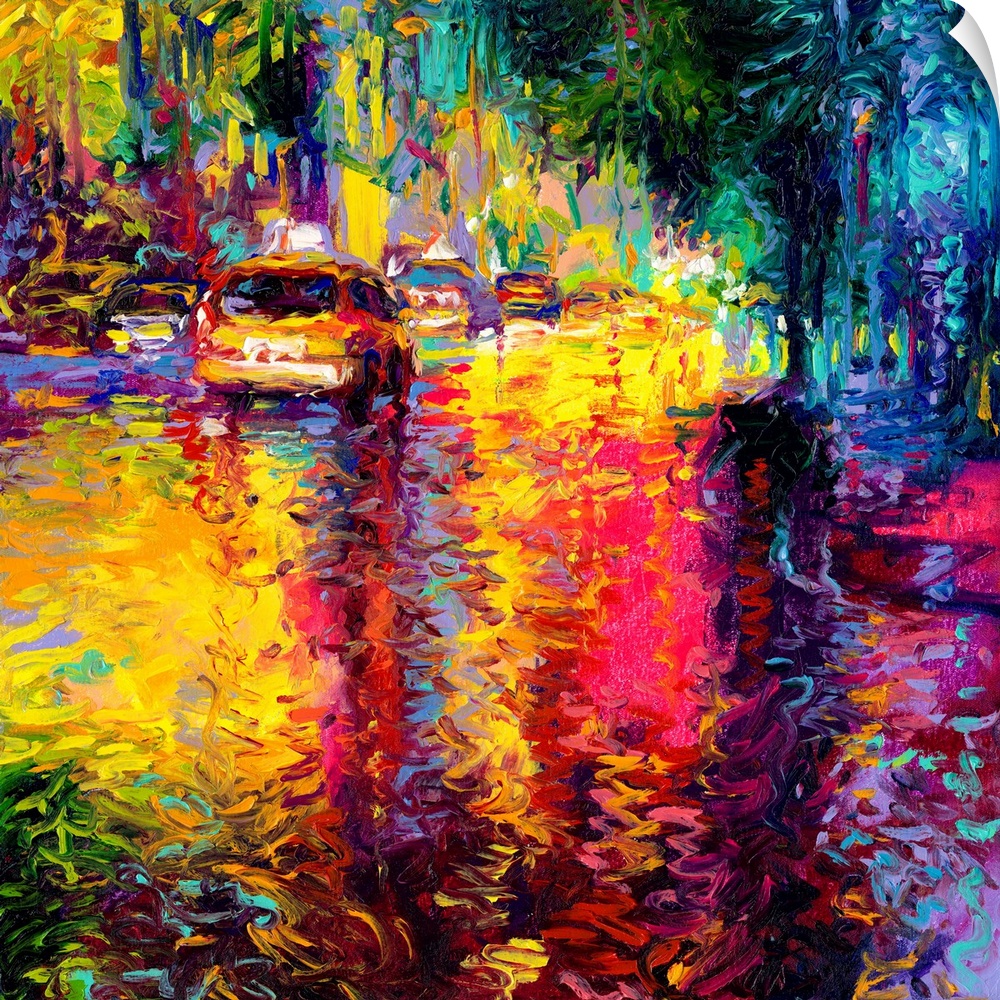 Brightly colored contemporary artwork of a colorful abstract of a taxi on a city street.
