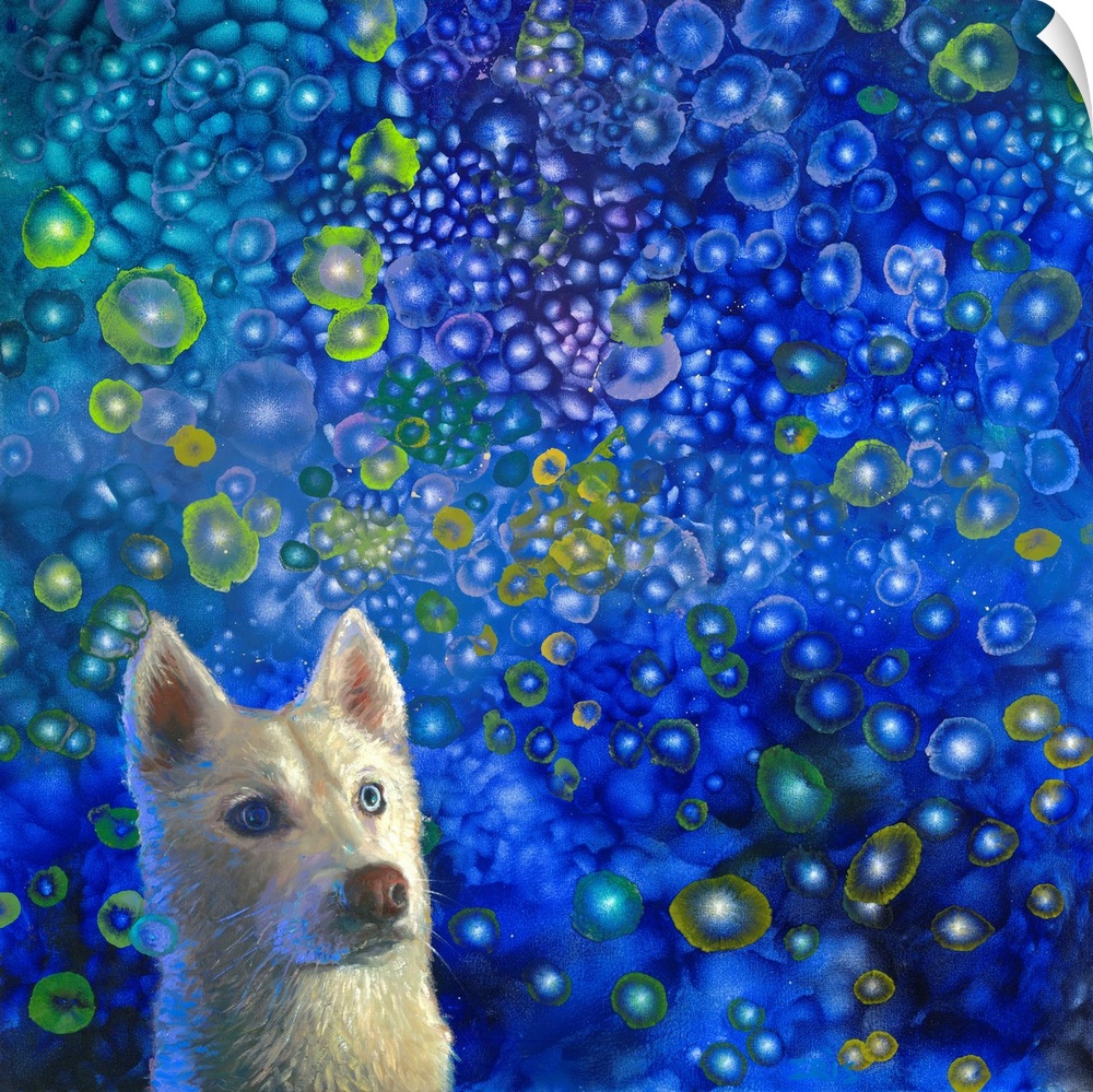 Brightly colored contemporary artwork of a white dog with blue background.