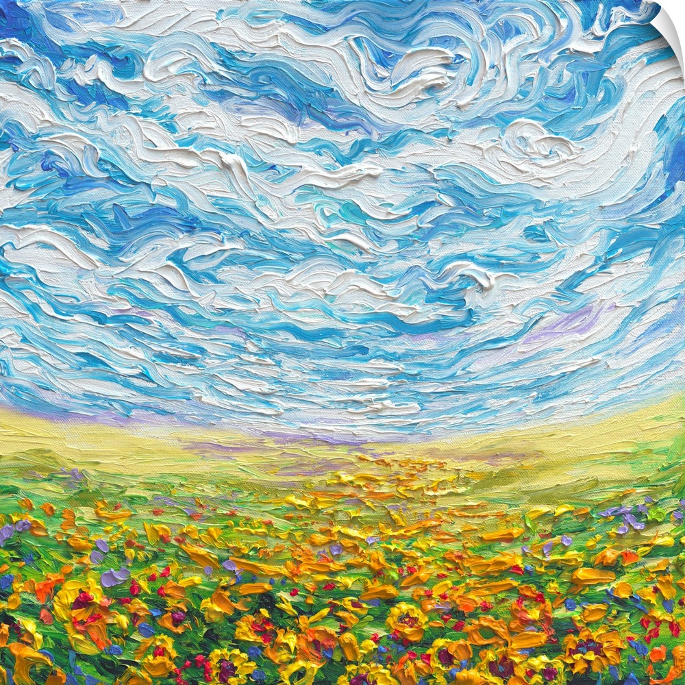 Brightly colored contemporary artwork of a landscape with sunflower field.
