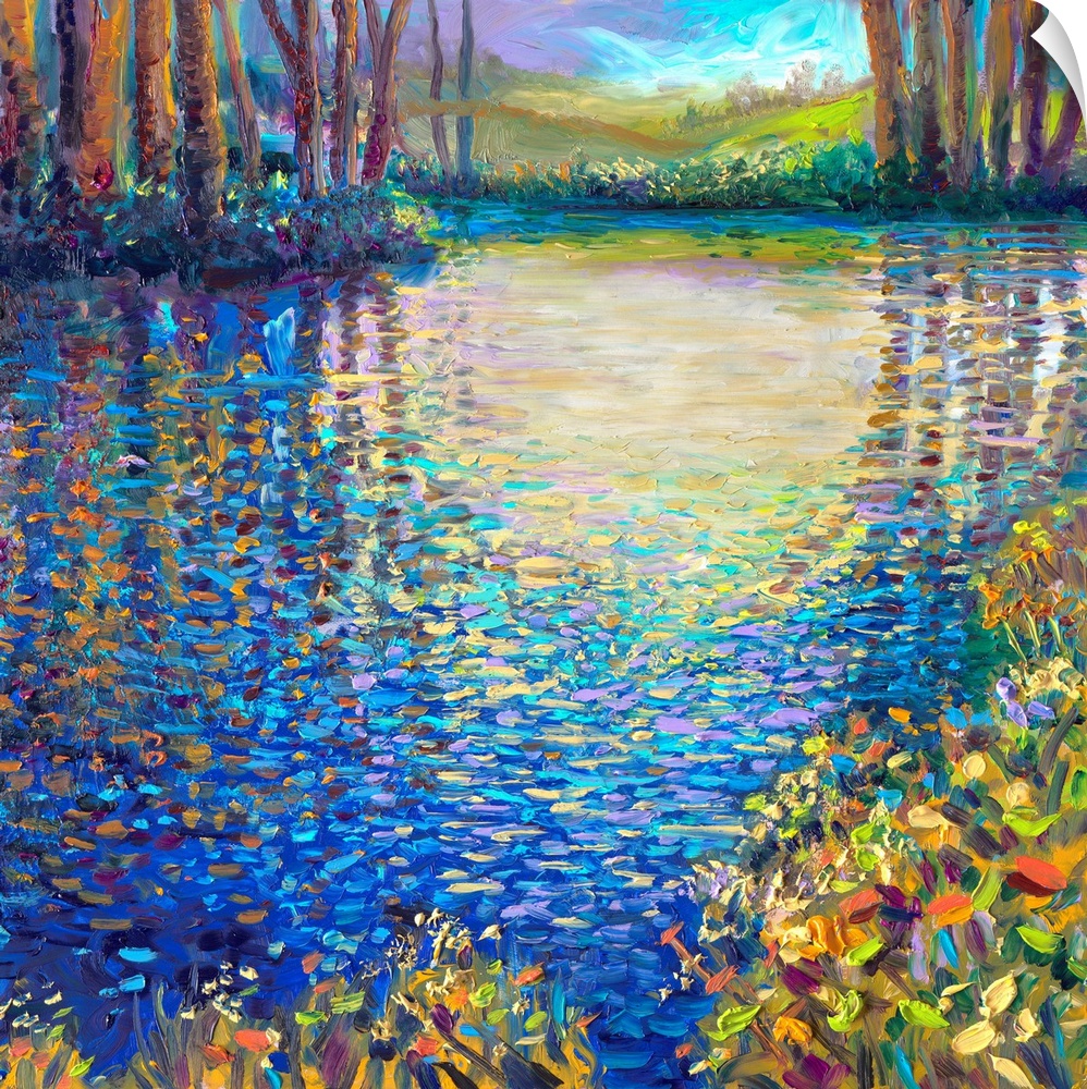 Brightly colored contemporary artwork of a landscape with a pond.