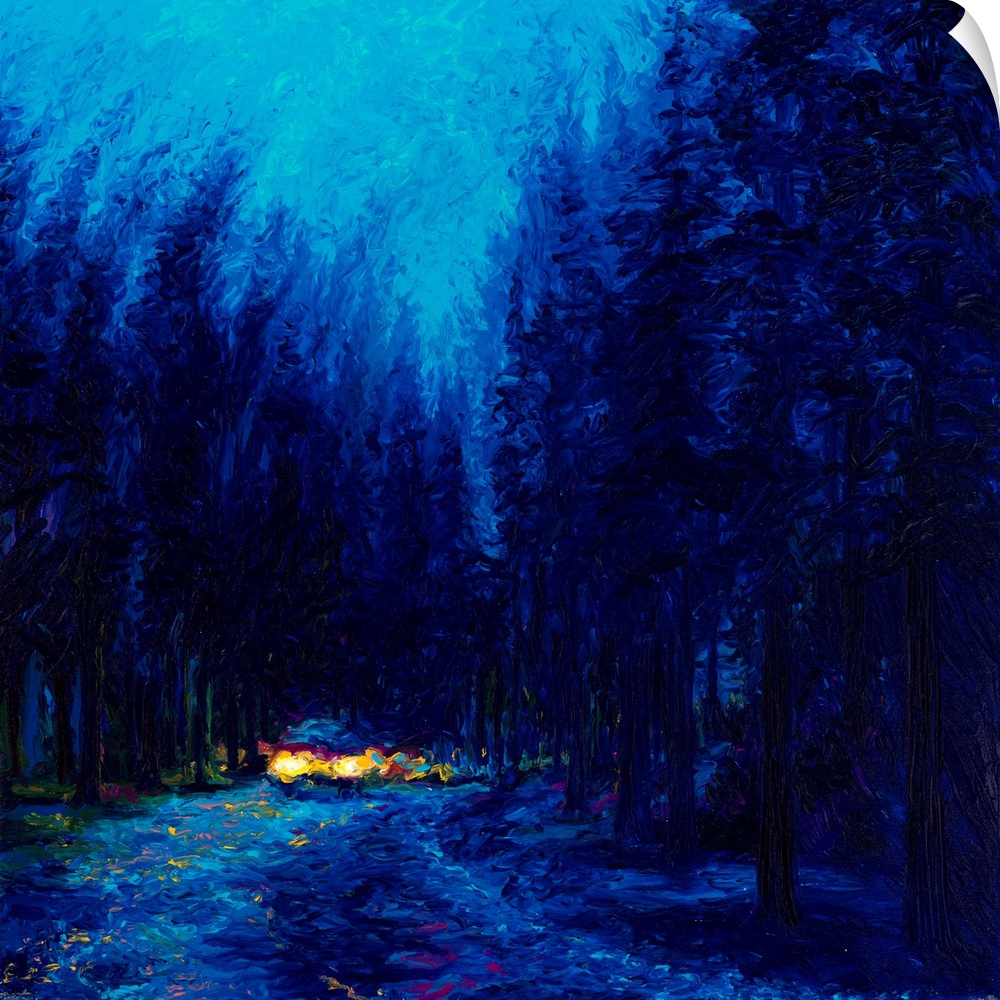 Brightly colored contemporary artwork of a road in redwoods at night.