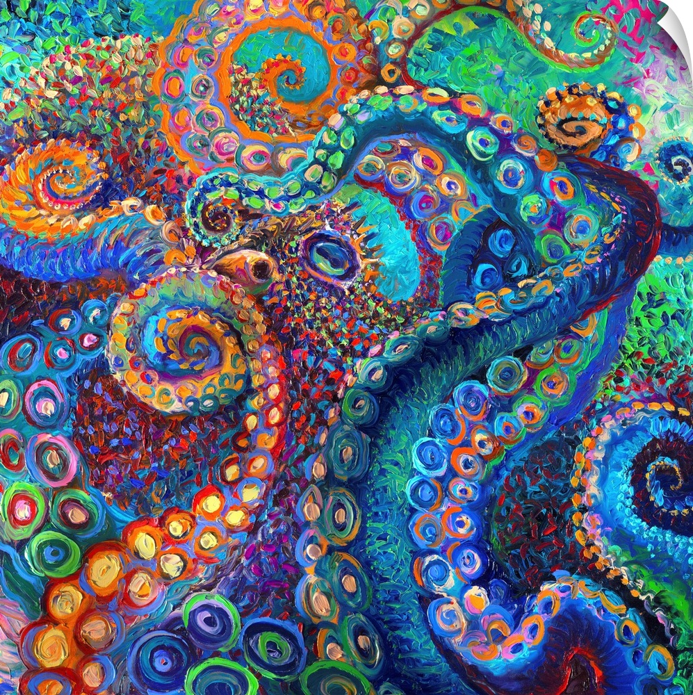 Brightly colored contemporary artwork of a colorful octopus.