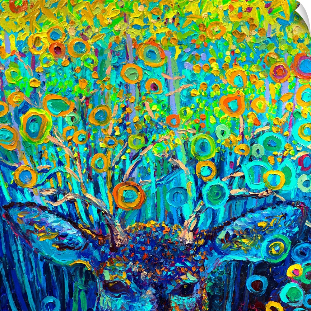 Brightly colored contemporary artwork of a deer in the woods.