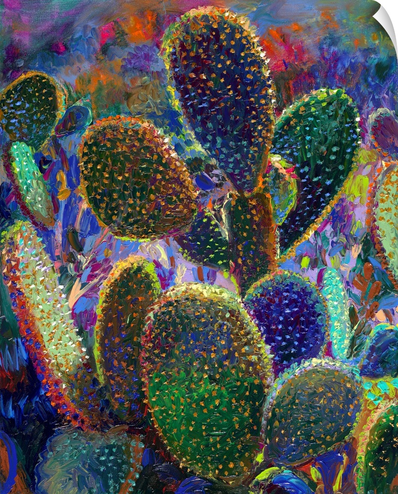 Brightly colored contemporary artwork of a field of colorful cacti.