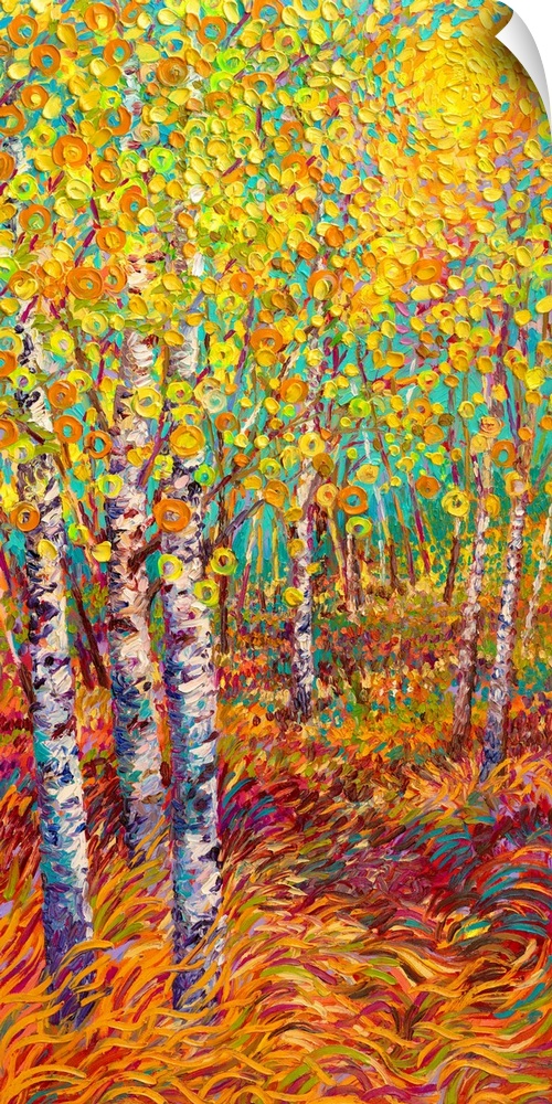 Brightly colored contemporary artwork of a landscape painting of trees.