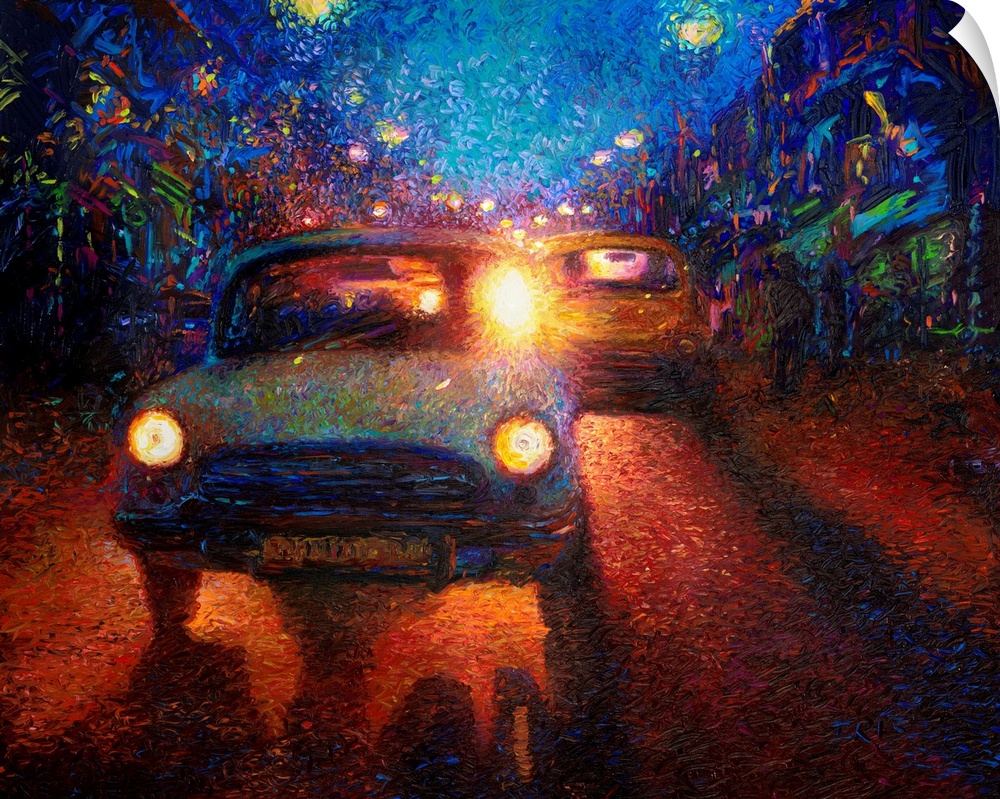 Brightly colored contemporary artwork of cars on a city street at night.