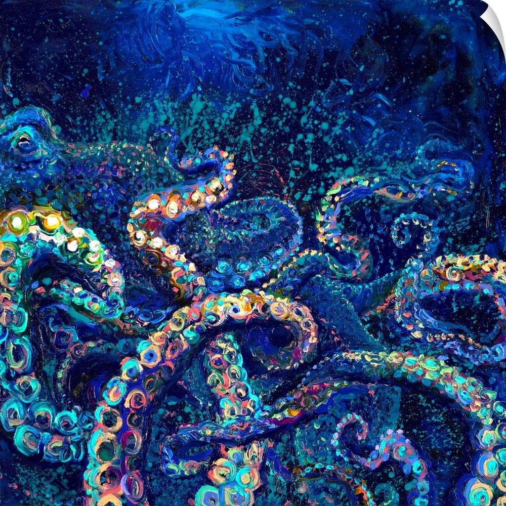 Brightly colored contemporary artwork of a cool-toned octopus.