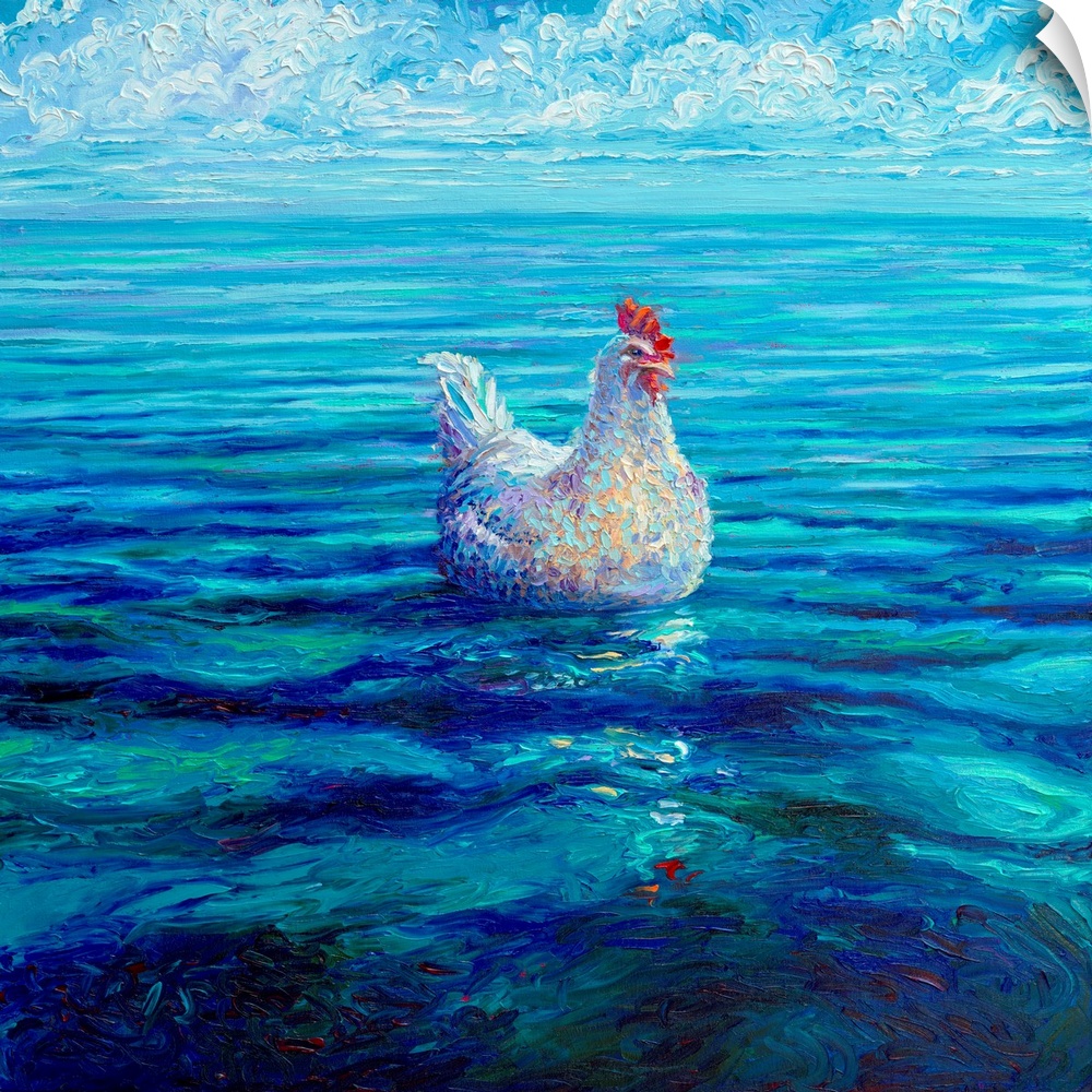 Brightly colored contemporary artwork of a chicken out at sea.