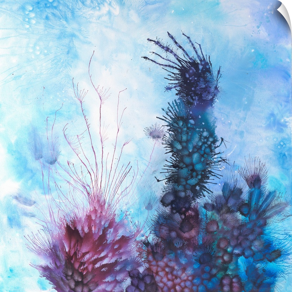 Brightly colored contemporary artwork of a blue and purple blow paint.