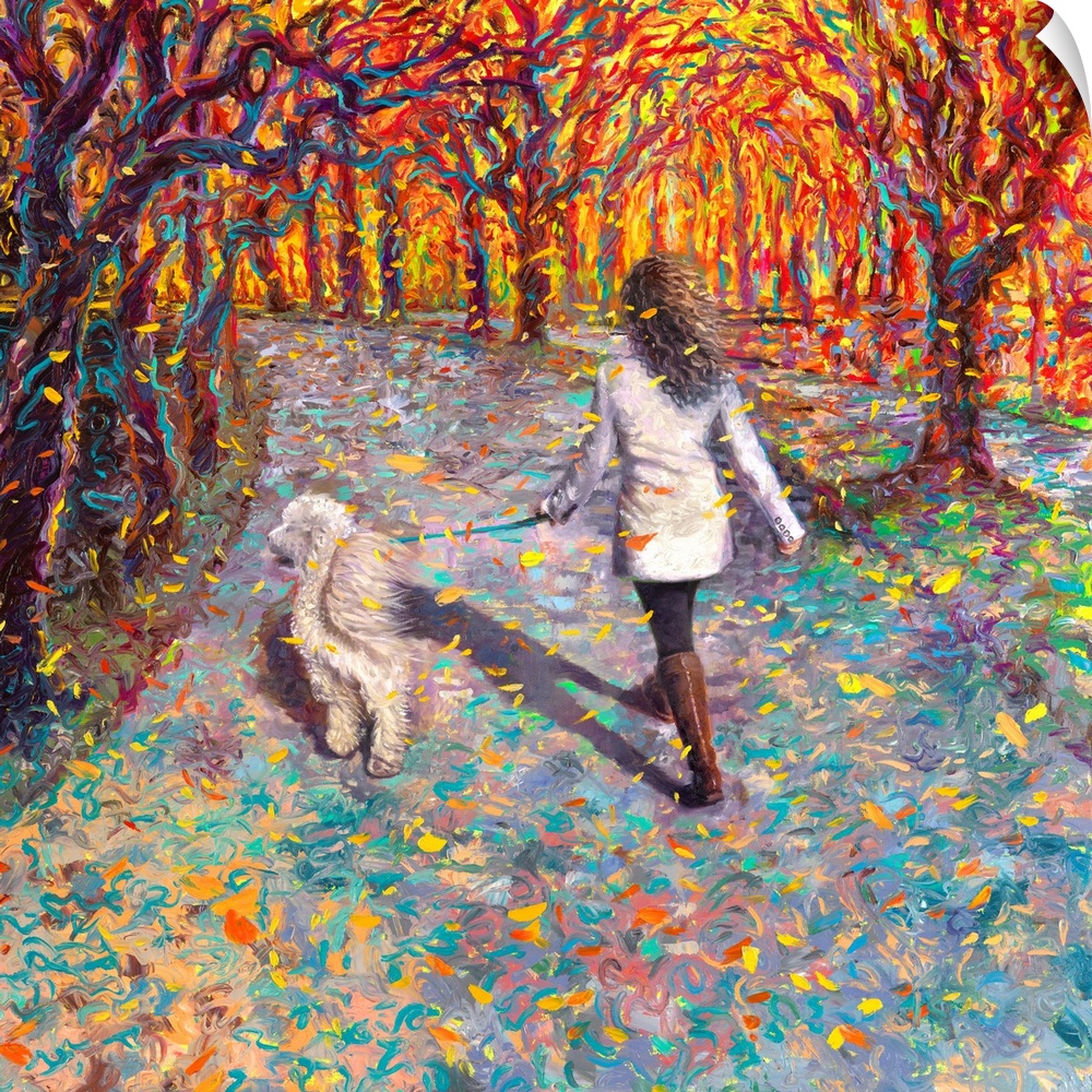 Brightly colored contemporary artwork of a woman walking a dog.
